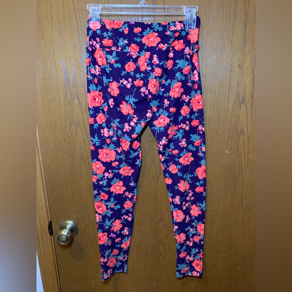 NWOT- LuLaRoe Leggings One Size – Purple with Coral & Blue Floral Print - Picture 7 of 10